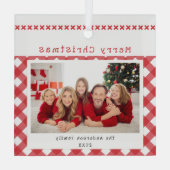 Persoonlijke Kerstfoto Rode Gingham Kerstmis Glas Ornament (Achterkant)
