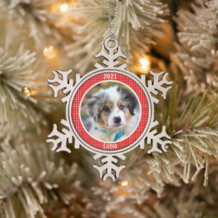 Persoonlijke kerstfoto van Puppy Tin Sneeuwvlok Ornament