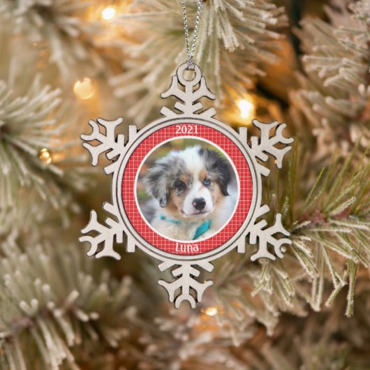 Persoonlijke kerstfoto van Puppy Tin Sneeuwvlok Ornament (Boom)