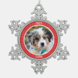 Persoonlijke kerstfoto van Puppy Tin Sneeuwvlok Ornament