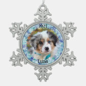 Persoonlijke kerstfoto van Puppy Tin Sneeuwvlok Ornament (Voorkant)