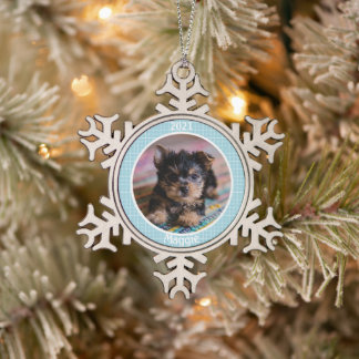 Persoonlijke kerstfoto van Puppy Tin Sneeuwvlok Ornament