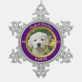 Persoonlijke kerstfoto van Puppy Tin Sneeuwvlok Ornament