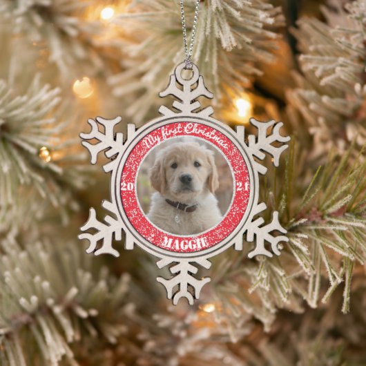 Persoonlijke kerstfoto van Puppy  Tin Sneeuwvlok Ornament (Boom)