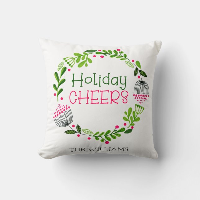 Persoonlijke Kerstgroet Krans Roze & Groen Kussen (Voorkant)