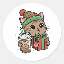 Persoonlijke Kerstkat & IJskoude Latte Ronde Stick Sticker