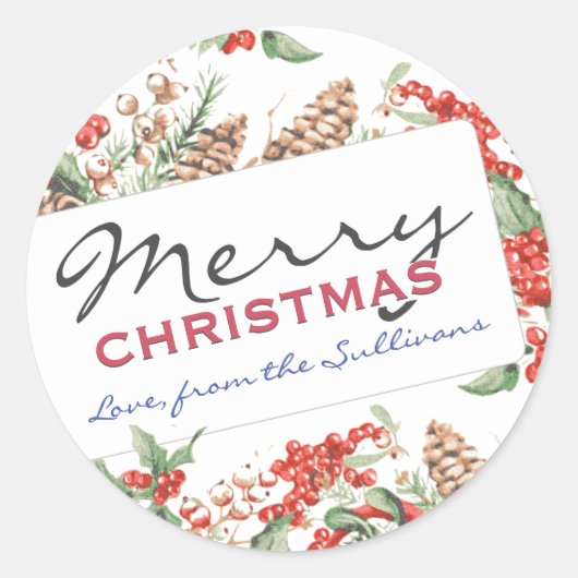 Persoonlijke kerstkerst Holly en Pinecones Ronde Sticker (Voorkant)