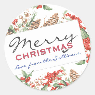 Persoonlijke kerstkerst Holly en Pinecones Ronde Sticker