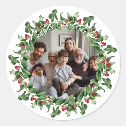 Persoonlijke Kerstkrans Foto met Merry Christmas Ronde Sticker (Voorkant)