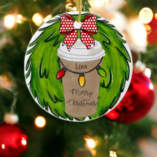 Persoonlijke Kerstkrans met Koffie Keramisch Ornament