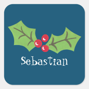Persoonlijke kerstman Holly & Berries Square Sti Vierkante Sticker