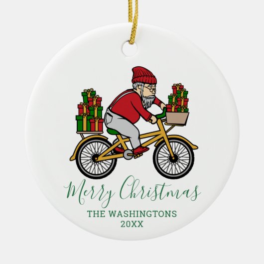 Persoonlijke kerstman met wielrennen keramisch ornament (Voorkant)
