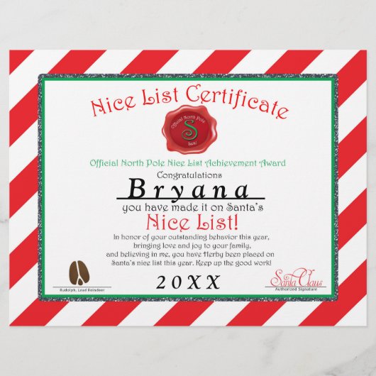 Persoonlijke Kerstman NICE LIST CERTIFICAAT Flyer (Voorkant)