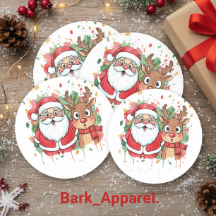 Persoonlijke Kerstman & Rendier Aquarel Kerstmis Ronde Sticker