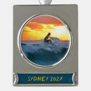 Persoonlijke Kerstman surfer surfen foto Verzilverd Banner Ornament