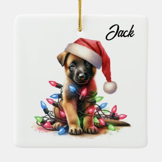 Persoonlijke Kerstmis Belgische Malinois Puppy Keramisch Ornament (Achterkant)