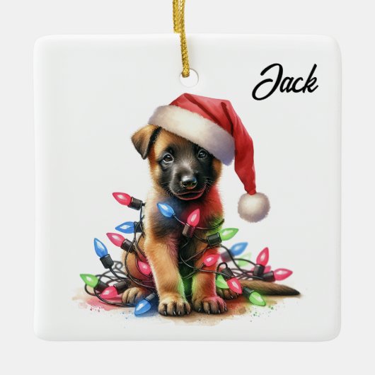 Persoonlijke Kerstmis Belgische Malinois Puppy Keramisch Ornament (Voorkant)
