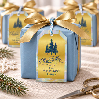 Persoonlijke Kerstmis Blauwe Pijnboom & Gouden Sch Cadeaulabel