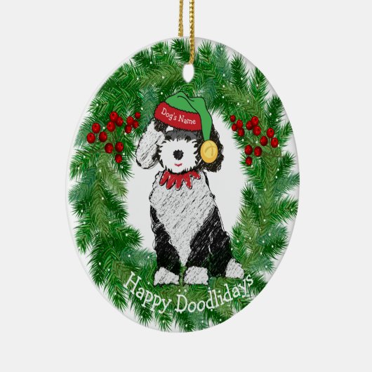 Persoonlijke kerstmis Elf Sheepadoodle Keramisch Ornament (Rechts)