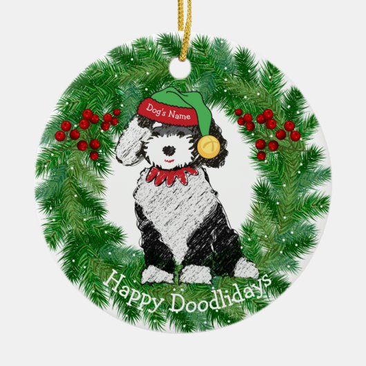 Persoonlijke kerstmis Elf Sheepadoodle Keramisch Ornament (Voorkant)