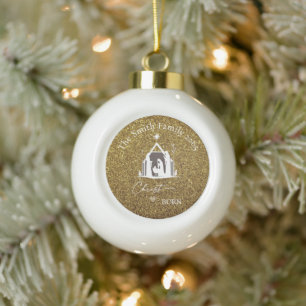 Persoonlijke Kerstmis Geboorte Goud en Wit Keramische Bal Ornament