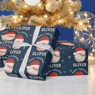 Persoonlijke Kerstmis Honkbal Santa Hoed Naam Cadeaupapier