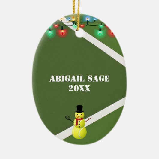 Persoonlijke kerstmis in Tennis Ball Snowman Keramisch Ornament (Achterkant)