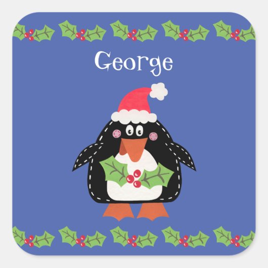 Persoonlijke kerstmis pinguïn vierkante sticker (Voorkant)