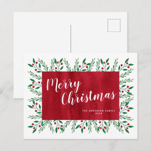 Persoonlijke Kerstmis Rood Watercolor Bloem Feestdagenkaart (Voorkant / Achterkant)