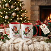 Persoonlijke Kerstmis Roodborst met Santa-hoed Mok