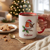 Persoonlijke Kerstmis Roodborst met Santa-hoed Mok