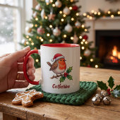 Persoonlijke Kerstmis Roodborst met Santa-hoed Mok