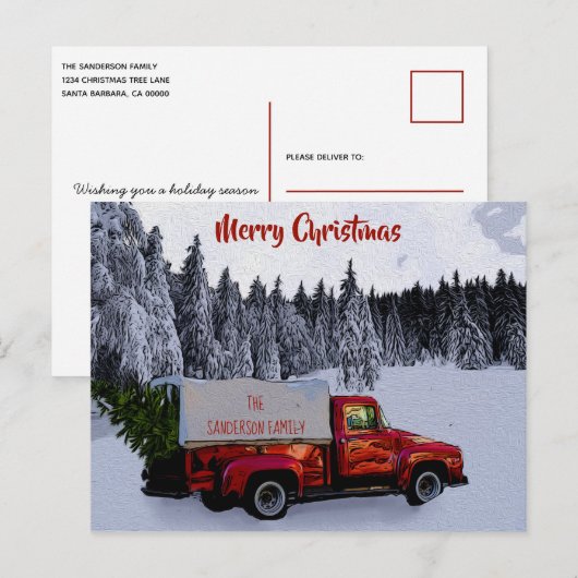Persoonlijke Kerstmis Vintage Rode Truck Feestdagenkaart (Voorkant / Achterkant)