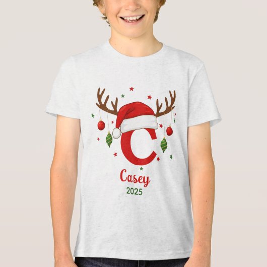 Persoonlijke Kerstmonogram C Kerstman Hoed Tri-Blend Shirt (Voorkant)