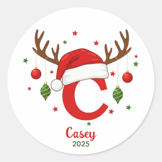 Persoonlijke Kerstmonogram C Kerstmannenhoed Ronde Sticker (Voorkant)