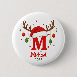 Persoonlijke Kerstmonogram M Kerstman Hoed Ronde Button 5,7 Cm