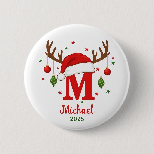 Persoonlijke Kerstmonogram M Kerstman Hoed Ronde Button 5,7 Cm (Voorkant)
