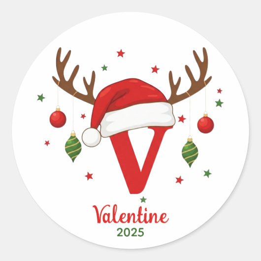 Persoonlijke Kerstmonogram V Kerstmannenhoed Ronde Sticker (Voorkant)