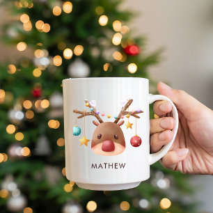 Persoonlijke Kerstmug met Cute Rendier Tweekleurige Koffiemok