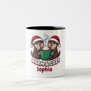 Persoonlijke Kerstmug met Otters Warm & Cozy Tweekleurige Koffiemok