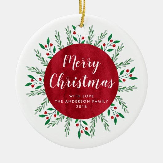 Persoonlijke kerstrode Waterverf Floral Keramisch Ornament (Voorkant)