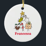 Persoonlijke kersttekens keramisch ornament<br><div class="desc">Deze gepersonaliseerde kerstkeramische versiering is voorzien van de kerstman. Een groep leuke kleine kerstpersonages die graag plezier hebben en met kerst onzin maken. De bemanning bestaat uit Snowman,  Kerstmis,  Ster,  Kerstmis,  Cadeau en snoepriet.</div>