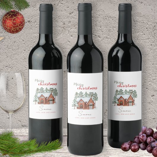 Persoonlijke kerstwinterscène in de Waterverf Wijn Etiket