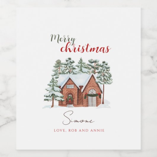 Persoonlijke kerstwinterscène in de Waterverf Wijn Etiket (Enkel label)