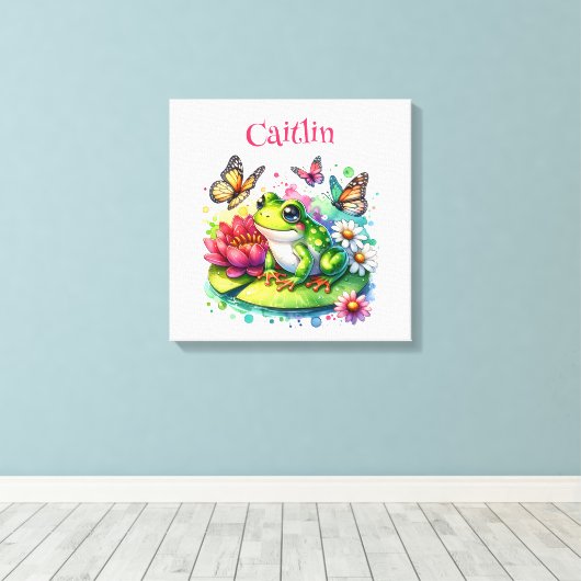 Persoonlijke Kikker, Bloemen en Vlinders Canvas Afdruk (Insitu (Houten vloer))