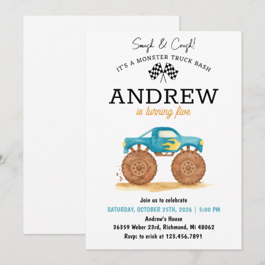 Persoonlijke kind Monster Truck Verjaardag Kaart (Voorkant / Achterkant)