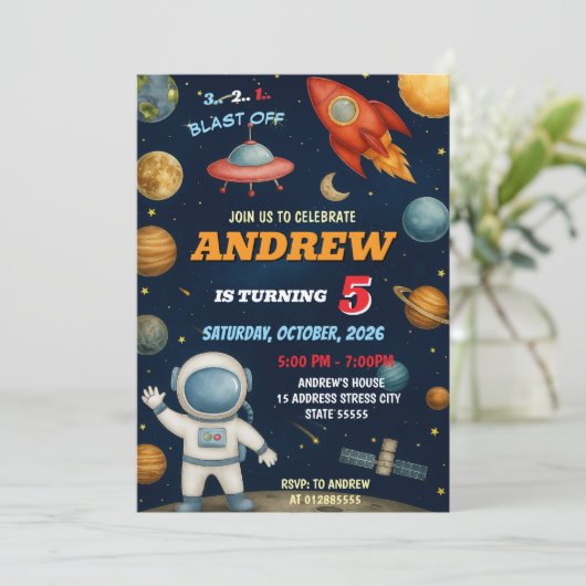 Persoonlijke Kinder Outer Space verjaardagsuitnodi Kaart (Staand voorkant)