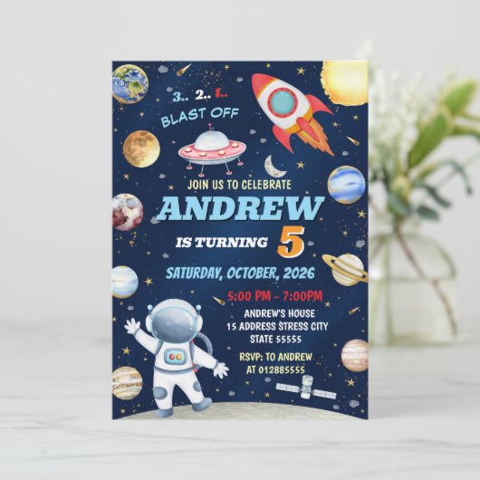 Persoonlijke Kinder Outer Space verjaardagsuitnodi Kaart (Staand voorkant)