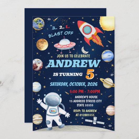 Persoonlijke Kinder Outer Space verjaardagsuitnodi Kaart (Voorkant / Achterkant)