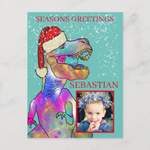 Persoonlijke kinder Santa dinosaurus foto Feestdagenkaart